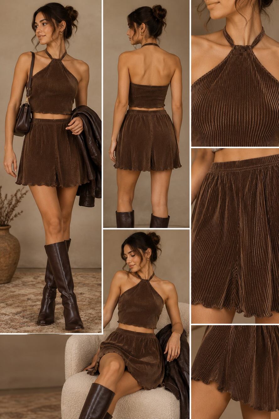 Y2K Chocolate Brown Plisse Halter Top Shorts Set L Boho Festival Clubwear